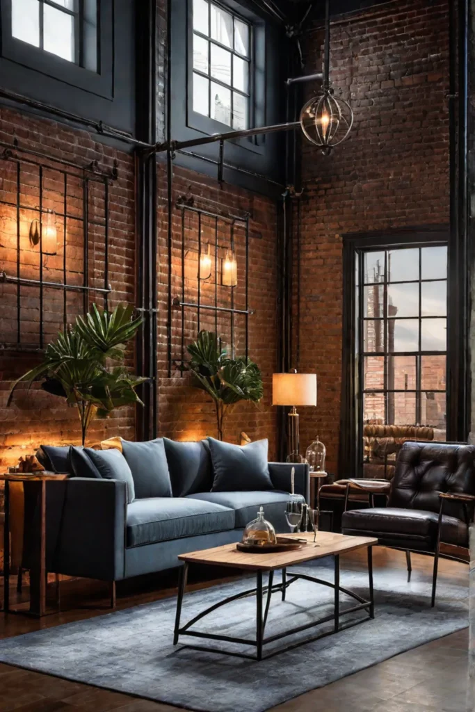 Industrialstyle living room with exposed brick and vintage furniture