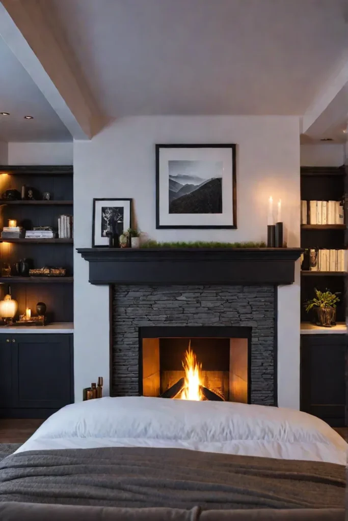 Inviting bedroom with a warm and cozy fireplace and luxurious bedding