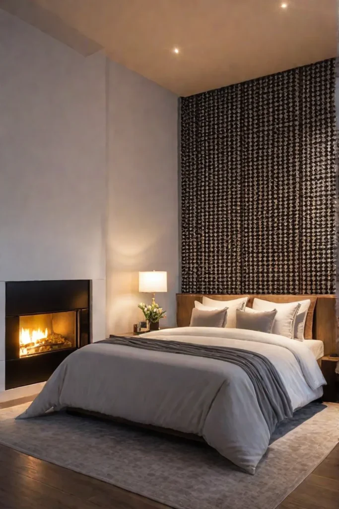 Inviting bedroom with plush textiles and a warm fireplace