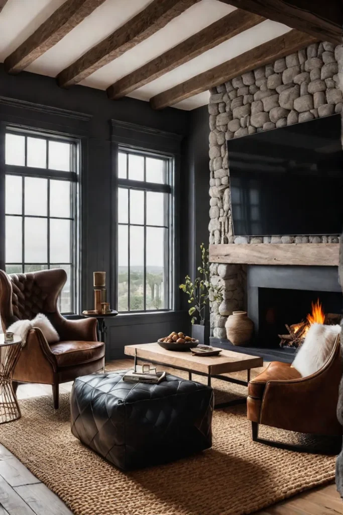 Inviting living room with natural textures and fireplace