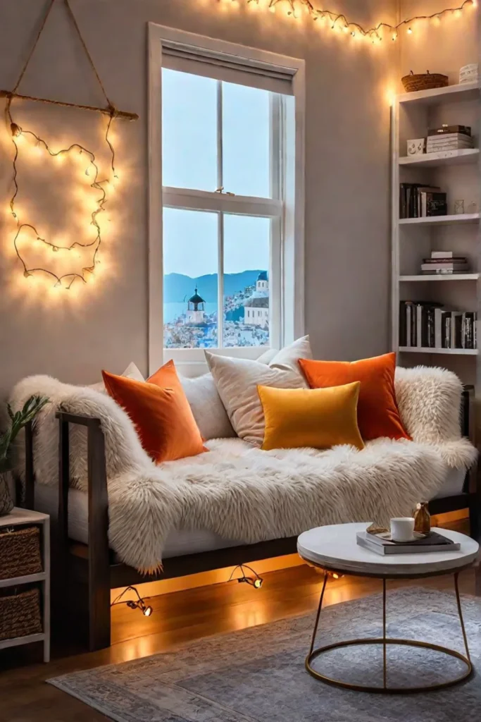 Inviting reading space with plush cushions and warm lighting