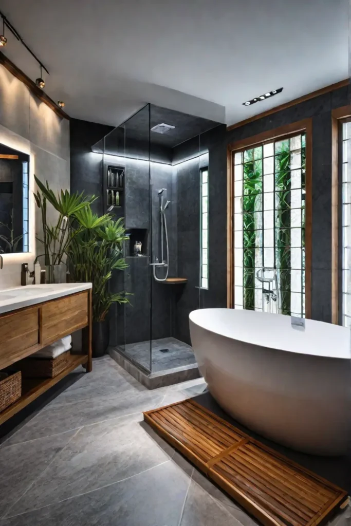 Japanese bathroom with a shower showcasing natural stone tiles and bamboo accents
