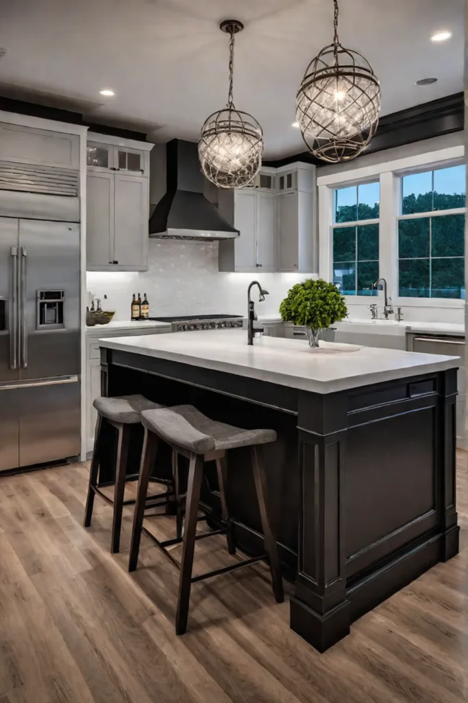 Kitchen island with a wine fridge bar seating and layered lighting for