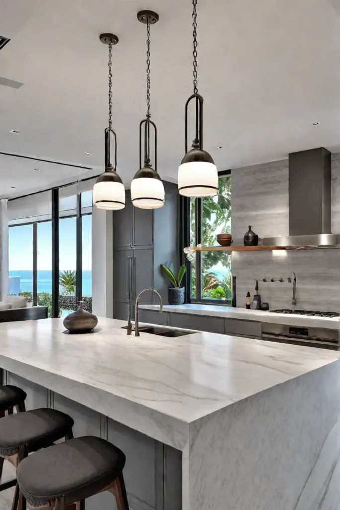 Kitchen island with cluster pendant lighting