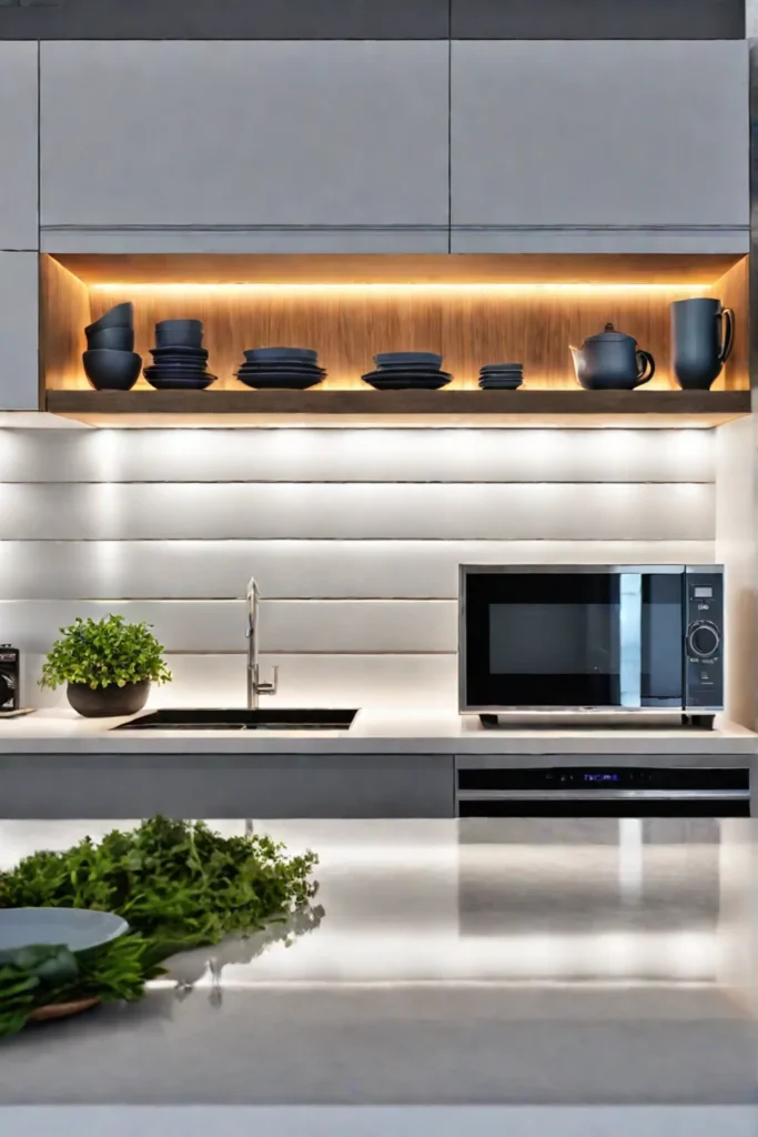Kitchen open shelving with LED strip lighting