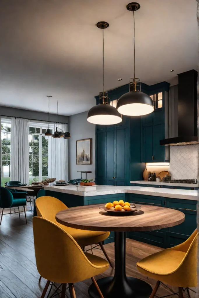 Kitchen with a cozy breakfast nook featuring pendant lighting for a warm