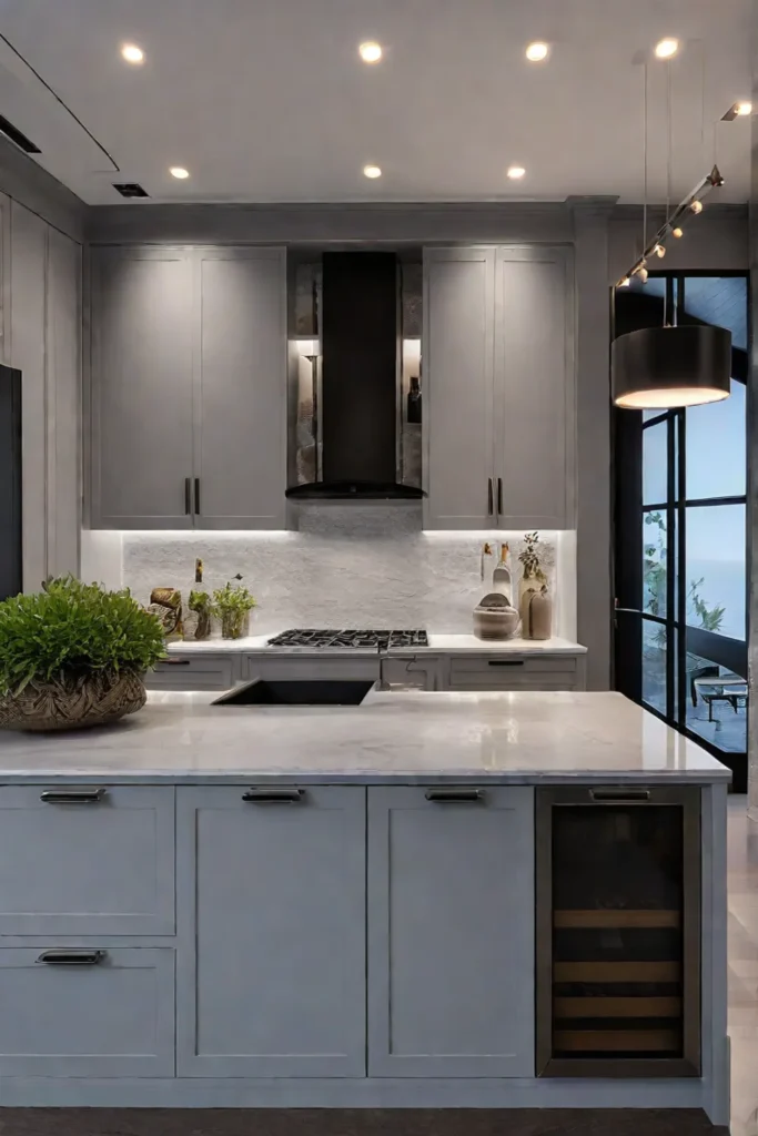Kitchen with a layered lighting scheme using recessed track and undercabinet lights