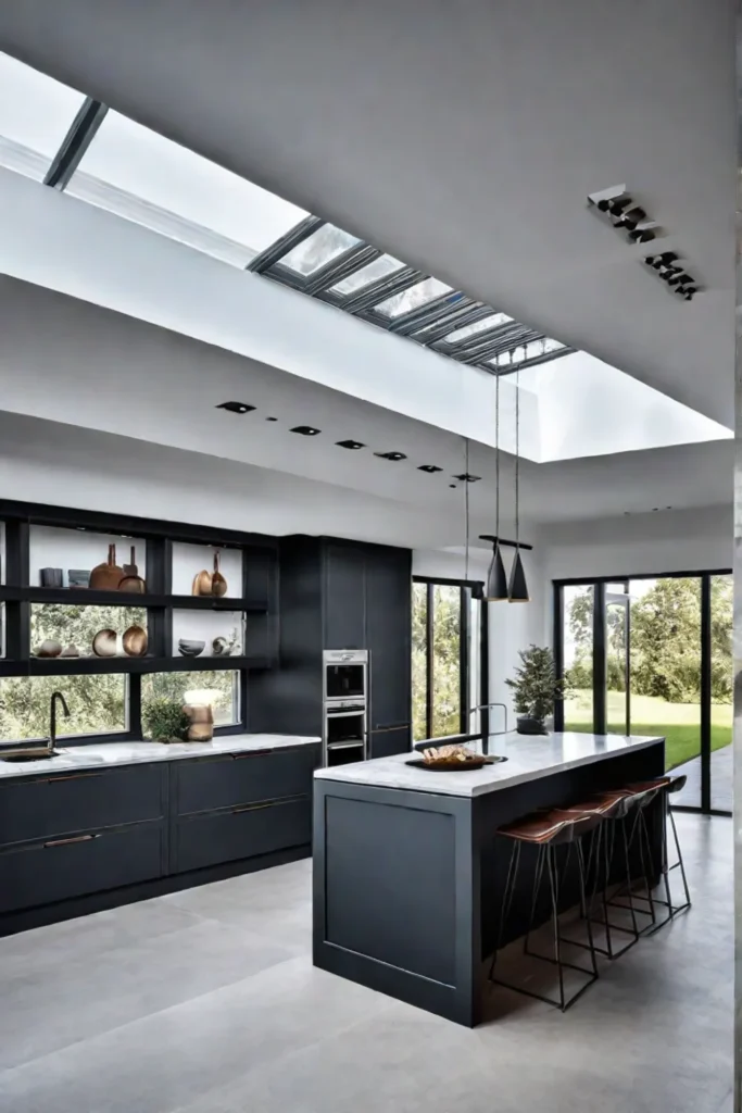 Kitchen with a skylight and supplemental artificial lighting for a balanced and