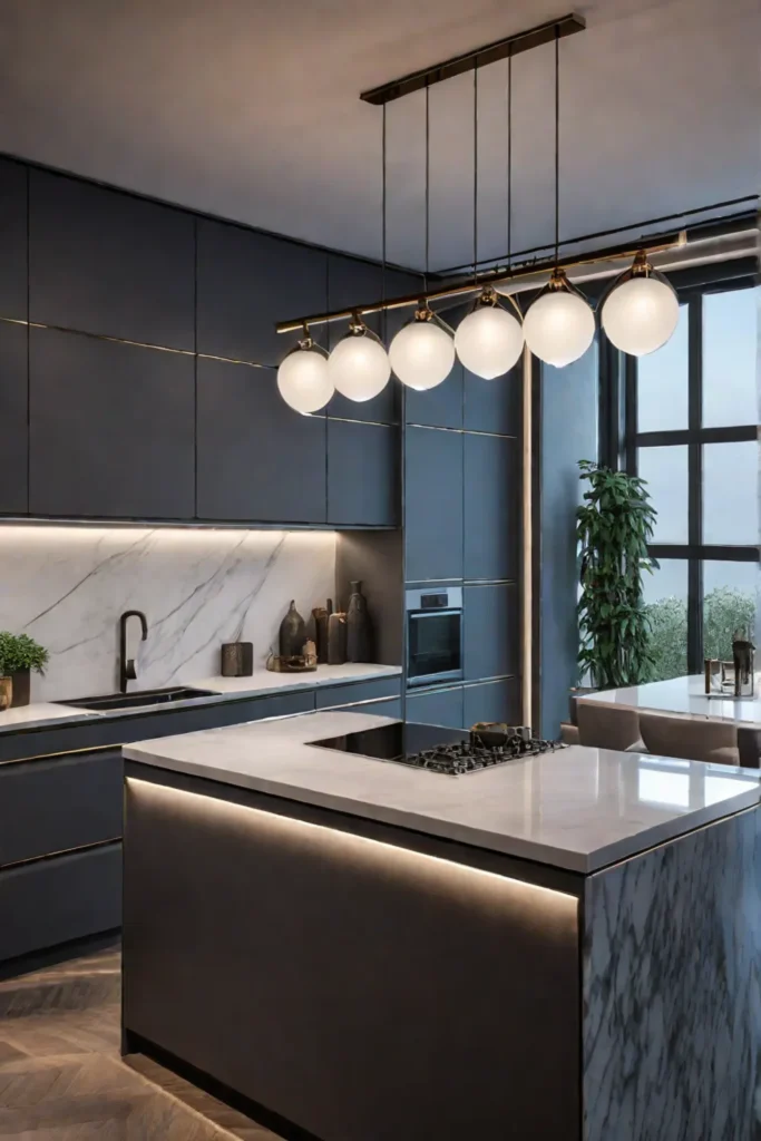Kitchen with lighting that transitions from task to ambient