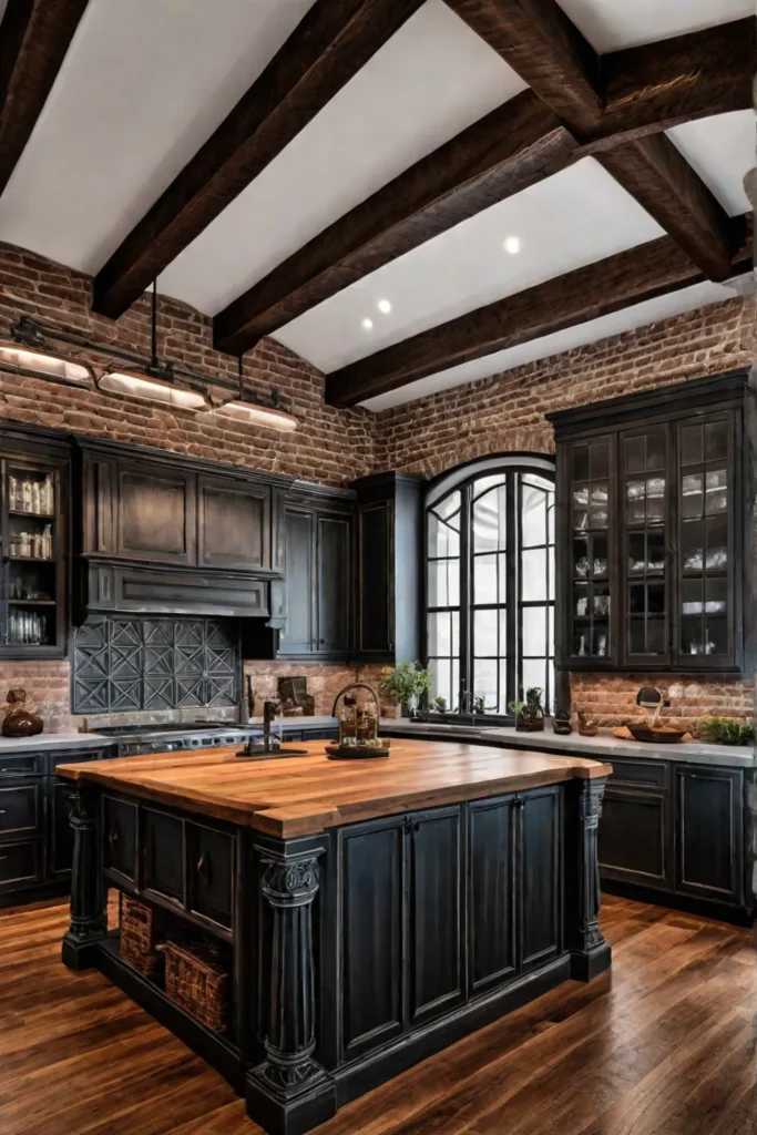 Kitchen with distressed wood cabinets and brick wall