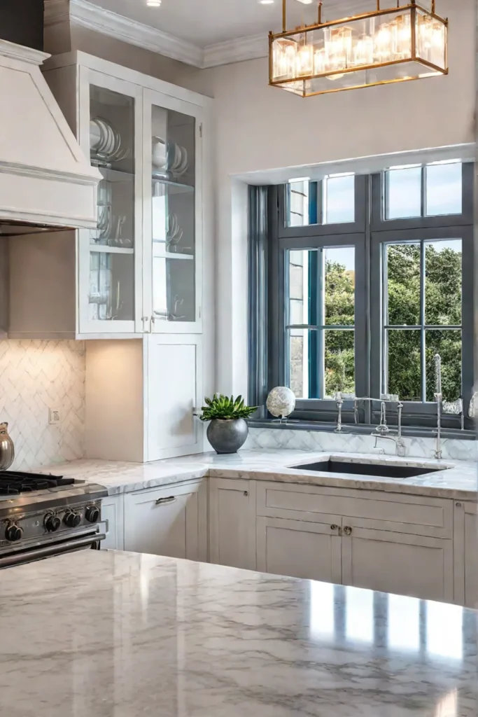 Kitchen with glassfront cabinets displaying fine china and glassware