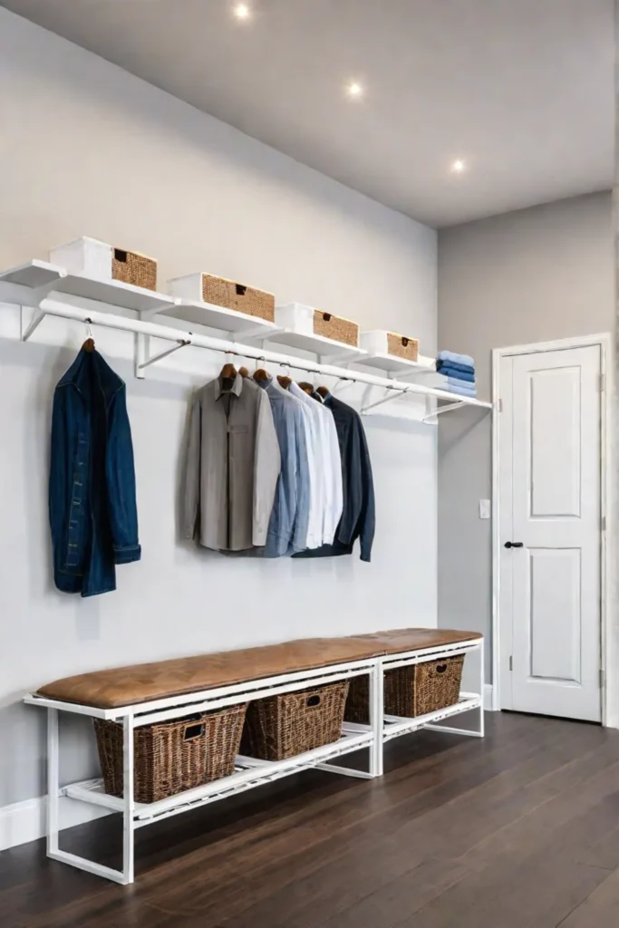 Laundry room with open shelving wallmounted ironing board and storage bench