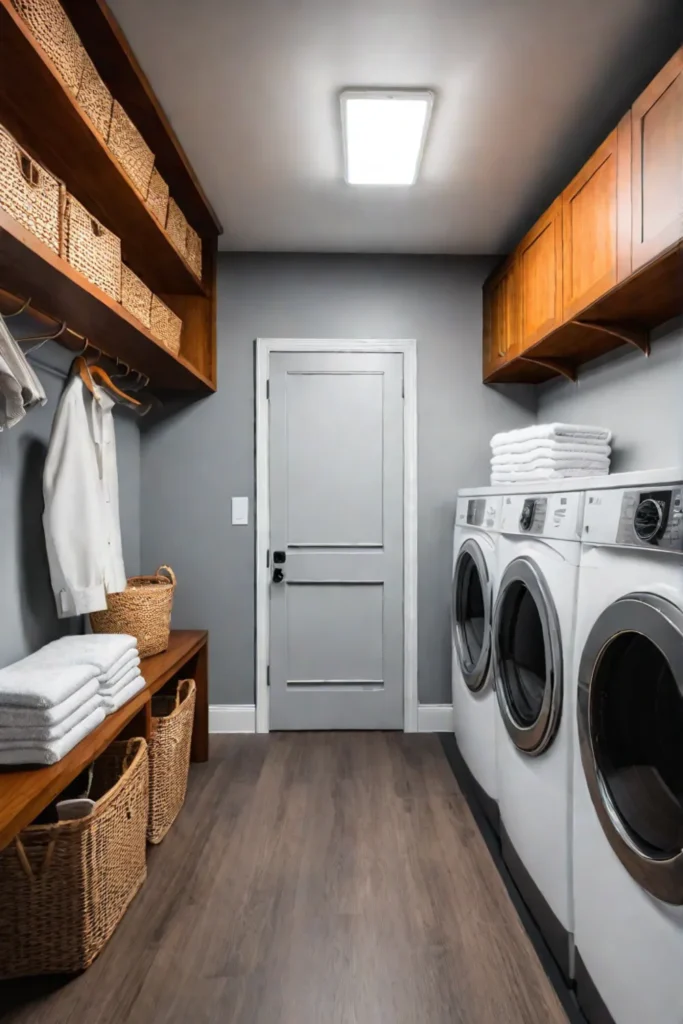 Laundry room organization with hooks and cubbies