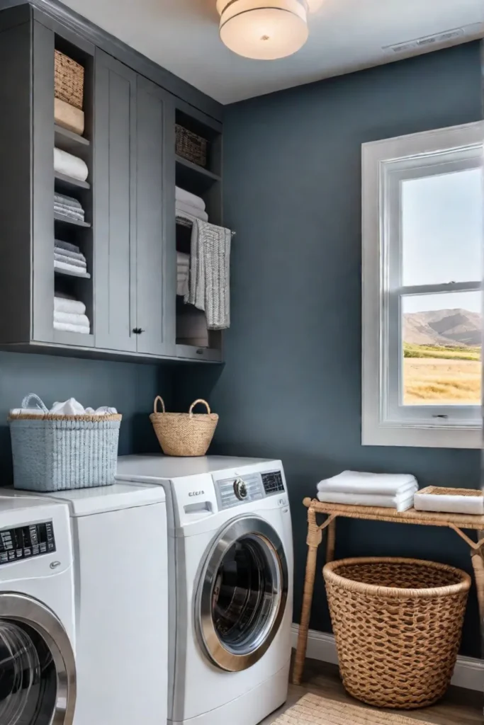 Laundry room organized with baskets and bins for a tidy appearance