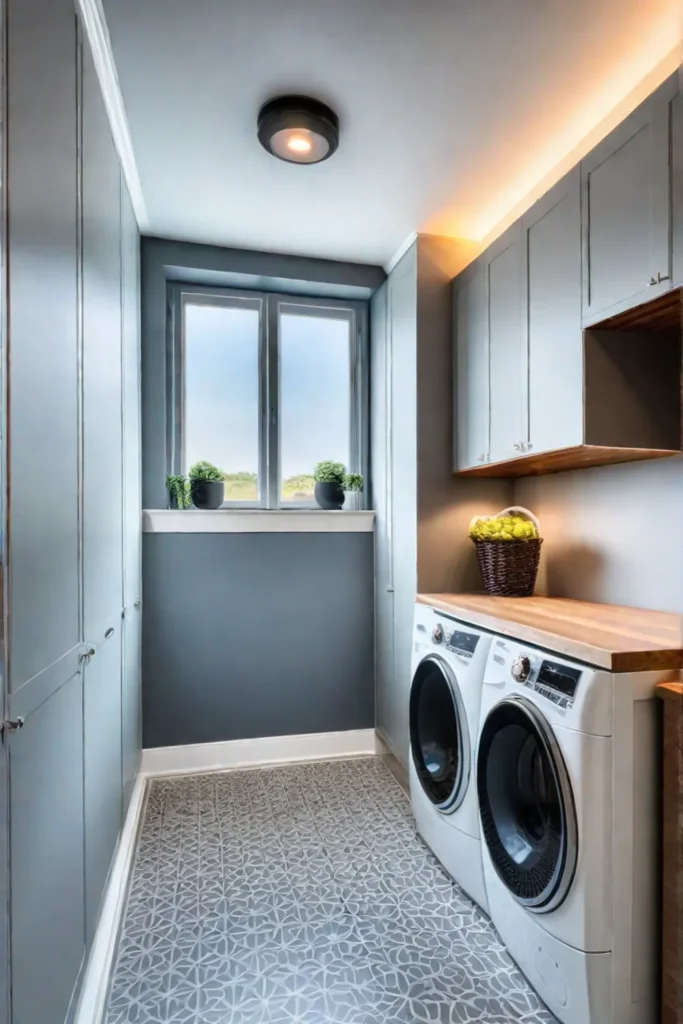 Laundry room with custom builtin storage and integrated hampers