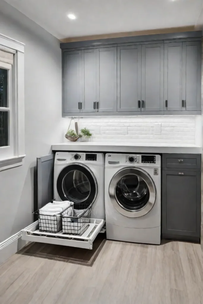Laundry room with hidden hamper and folding station with drying rack