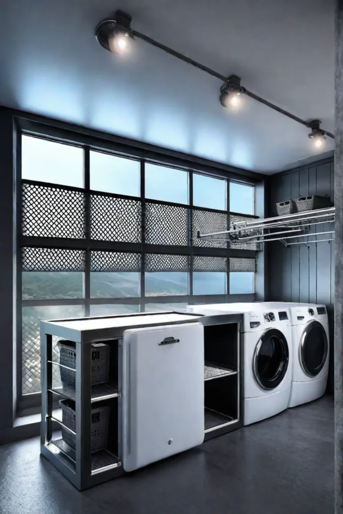 Laundry room with metal pipe drying rack and wire shelves