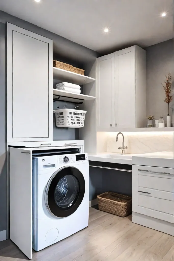 Laundry room with multifunctional drying rack and tiltout hamper