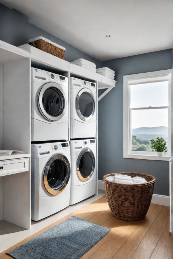 Laundry room with open shelving and freestanding hamper