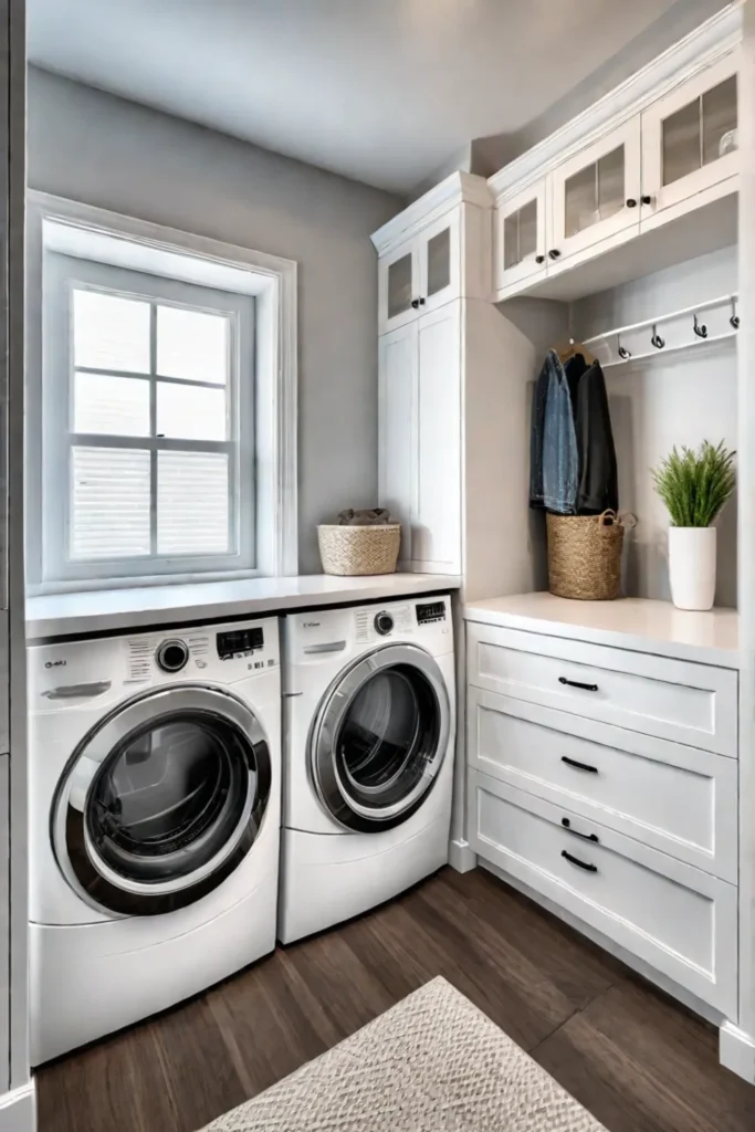 Laundry room with white cabinets and storage solutions