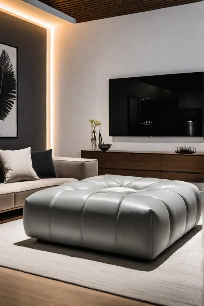Living room featuring an ottoman with hidden storage