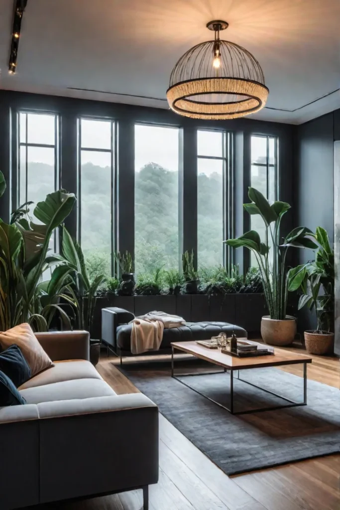 Living room filled with plants and greenery