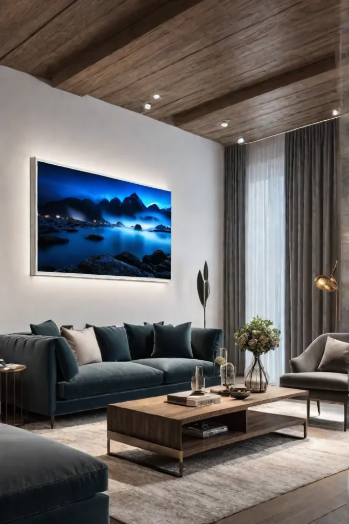 Living room with a gallery wall illuminated by accent lighting