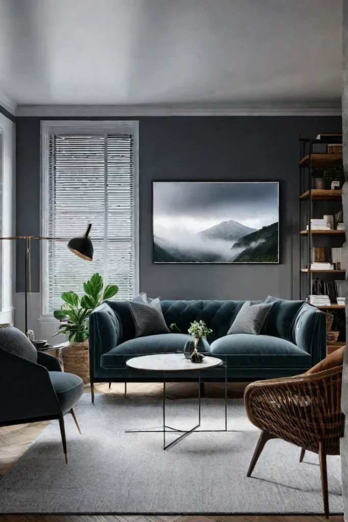 Living room with a gallery wall of artwork and photographs