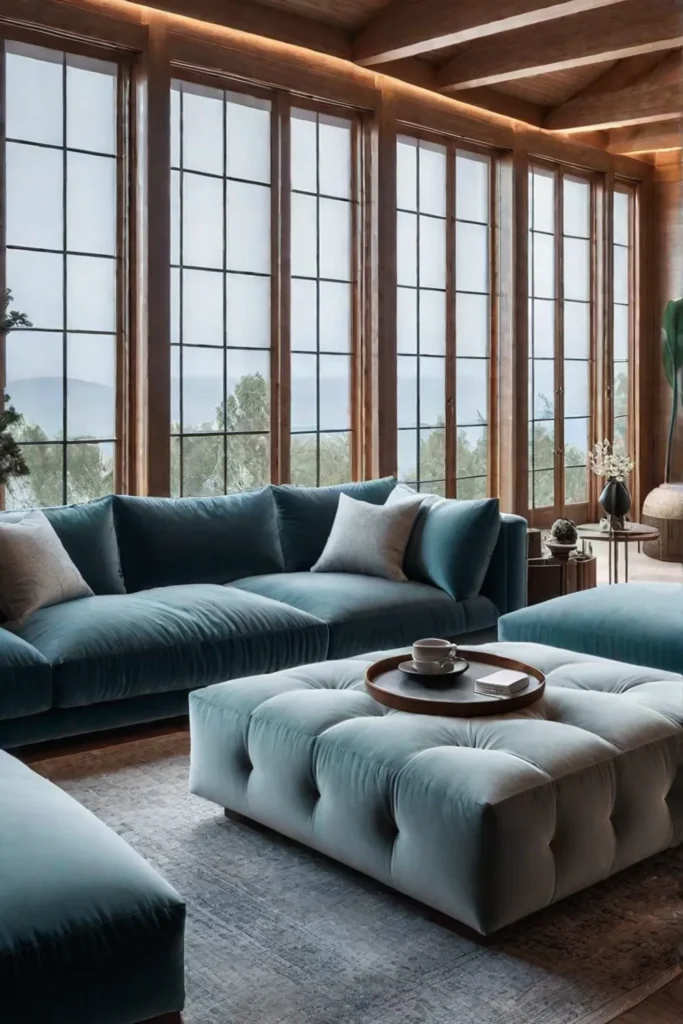 Living room with a large sofa oversized ottoman and calming colors
