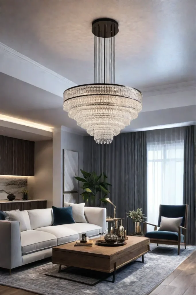 Living room with a mix of modern and traditional lighting elements
