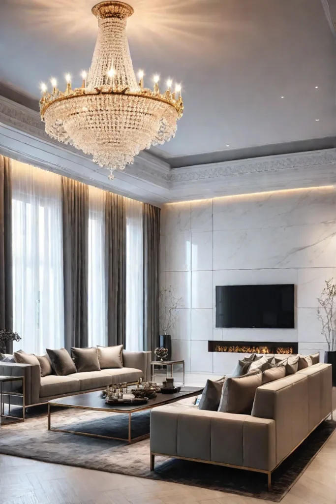 Living room with a statement chandelier providing ambient and accent lighting