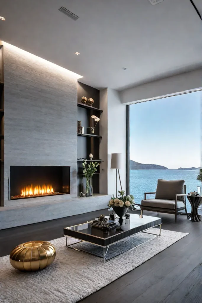 Living room with doublesided fireplace and modern design