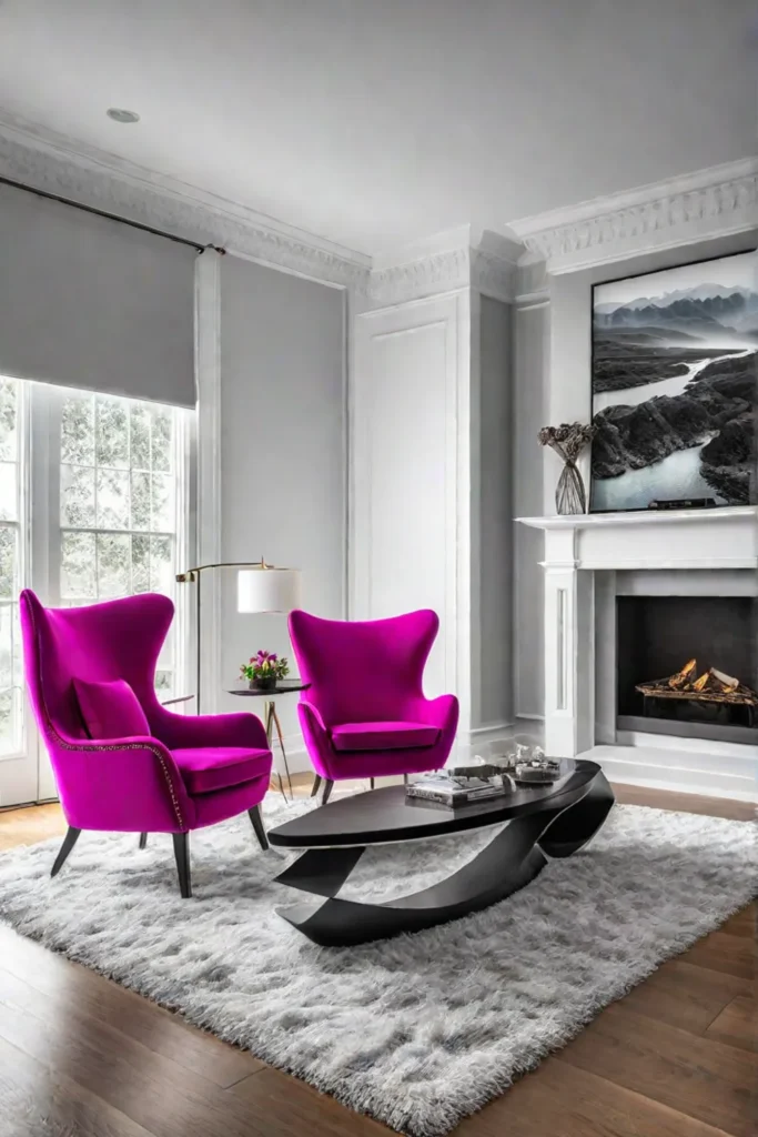 Living room with fuchsia accents and gray walls