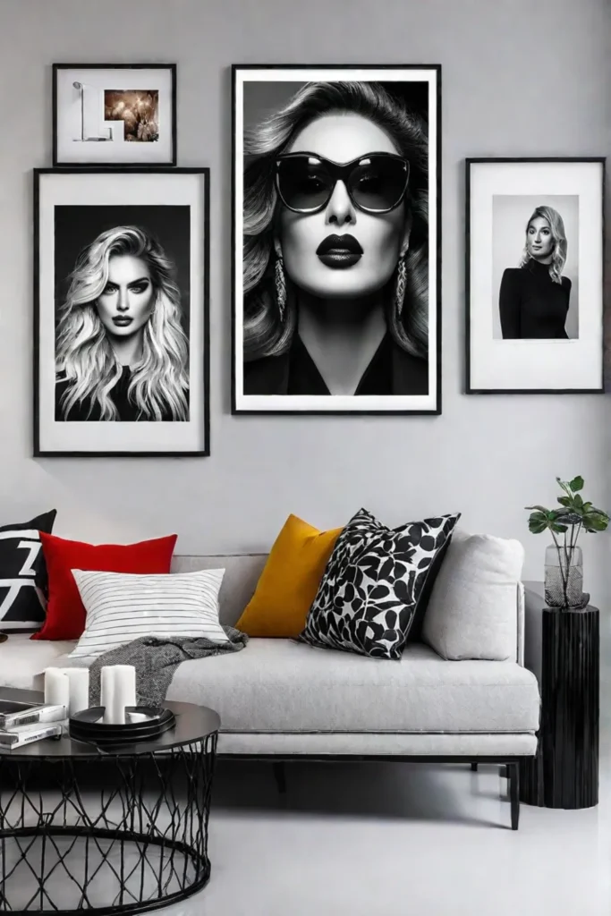 Living room with gallery wall of art prints and photos