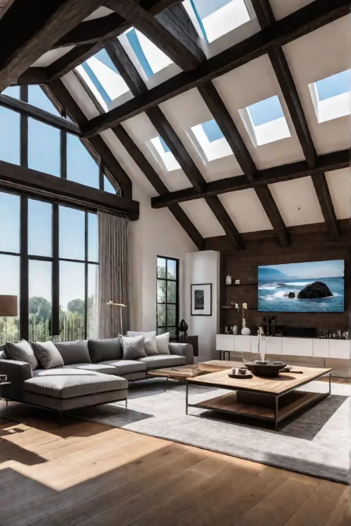 Living room with high ceiling and exposed beams