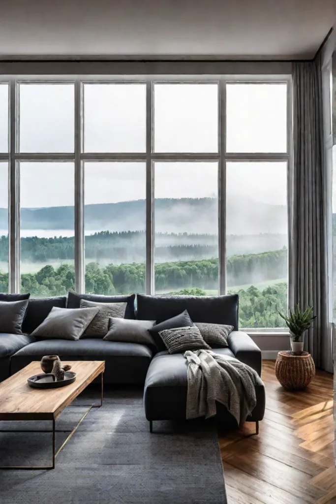 Living room with large window and scenic view