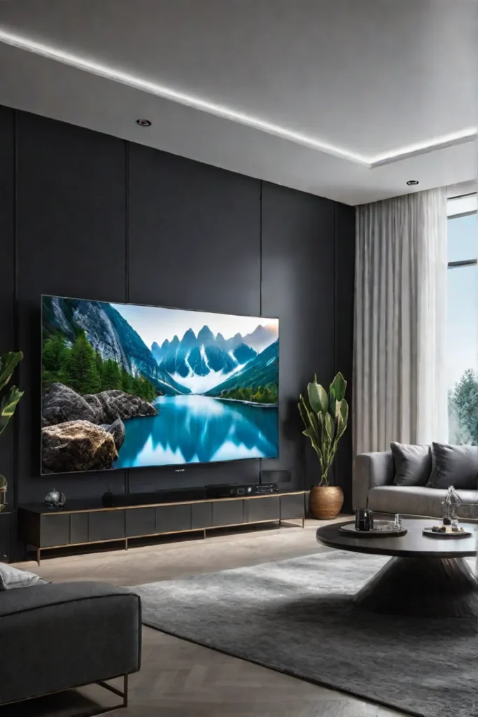 Living room with smart TV and automated lighting creating a serene atmosphere