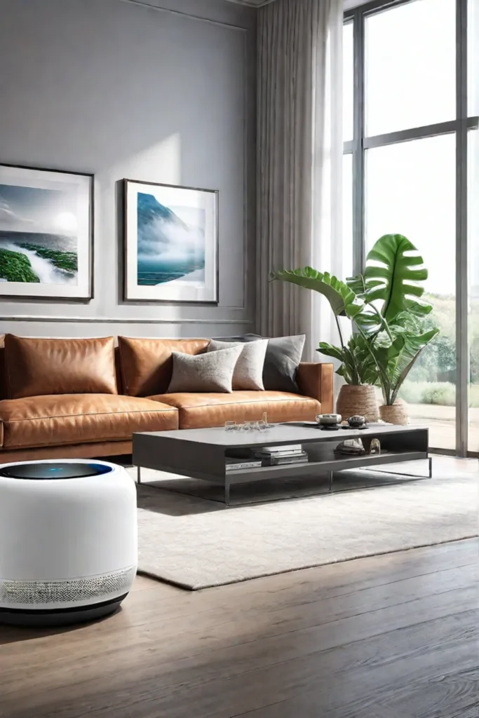 Living room with smart air purifier and humidifier maintaining air quality