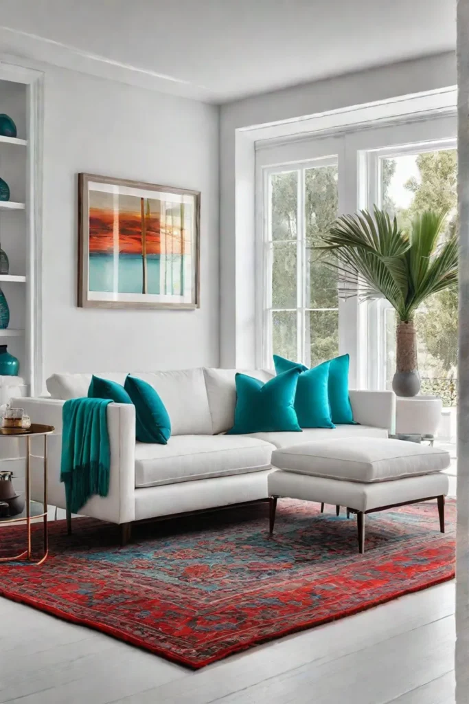 Living room with strategic pops of color on a neutral background