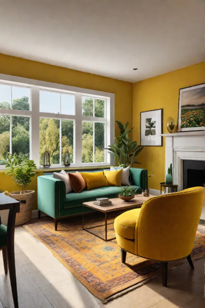 Living room with yellow walls and green plants