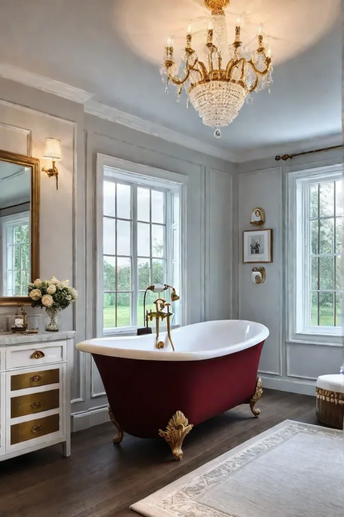 Luxurious farmhouse bathroom with marble vanity and gold accents