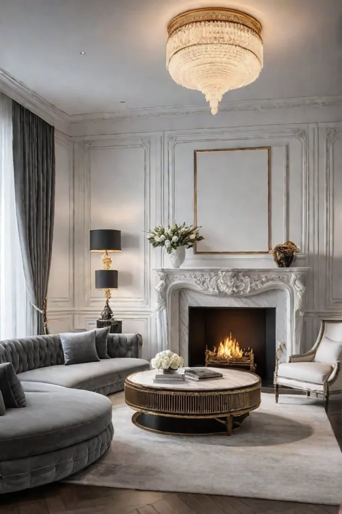 Luxurious living room with fireplace and marble decor
