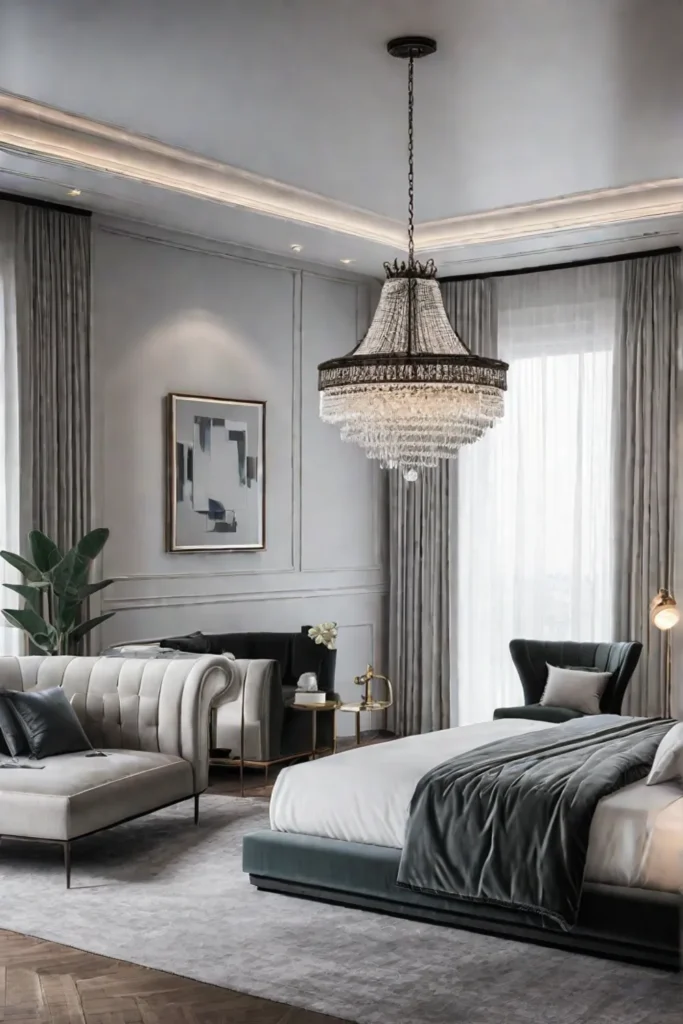 Luxurious modern bedroom with velvet headboard and chandelier