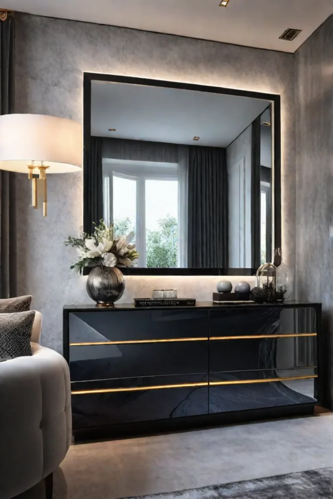 Luxurious modern bedroom with velvet upholstered bed and mirrored dresser