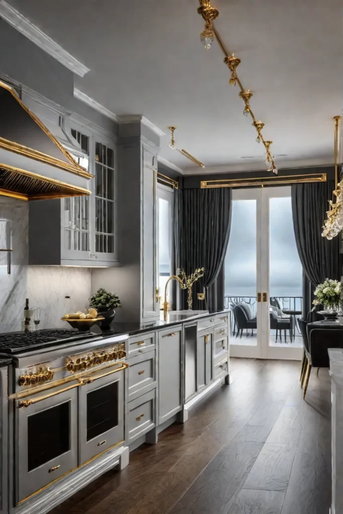 Luxury kitchen with black granite island countertop and gold accents