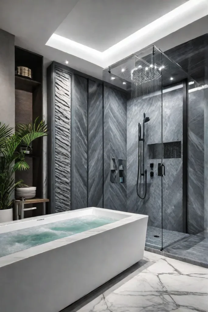 Luxury shower with marble tiles showcasing natural veining patterns