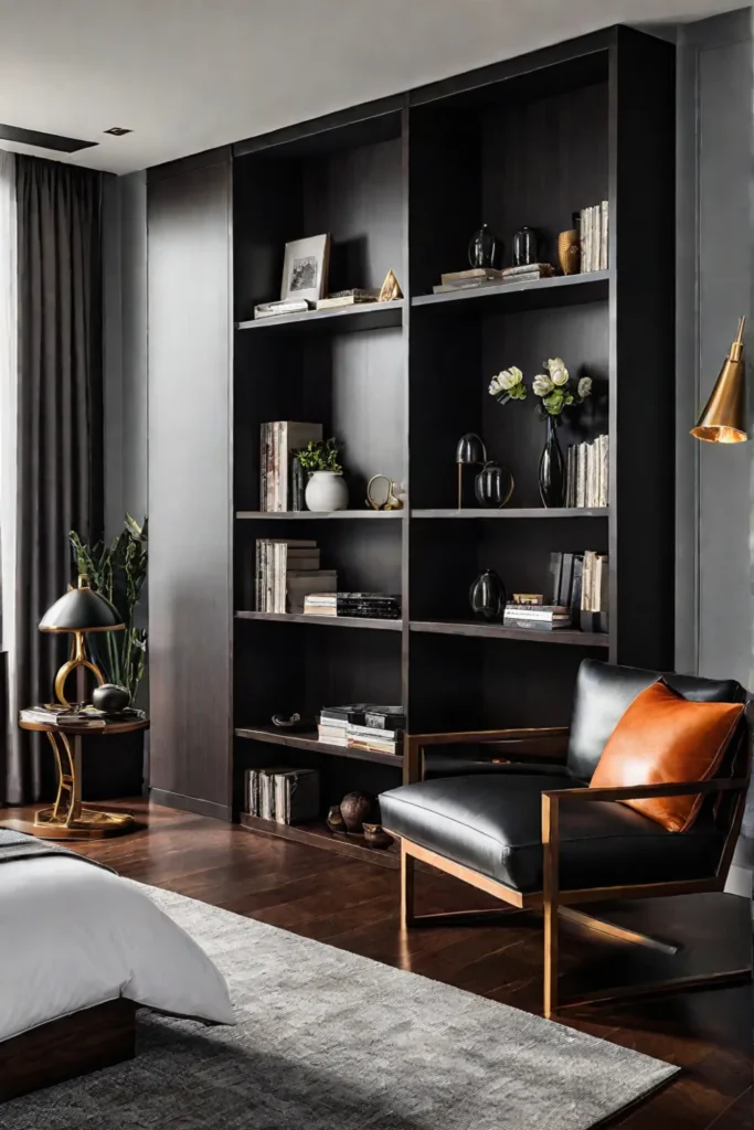 Masculine bedroom with a bookcase dividing the sleeping and gym zones