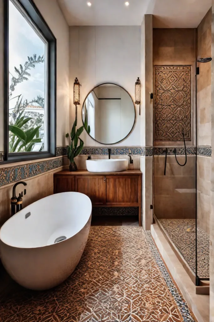 Mediterranean bathroom with a shower showcasing terracotta tiles and mosaic accents