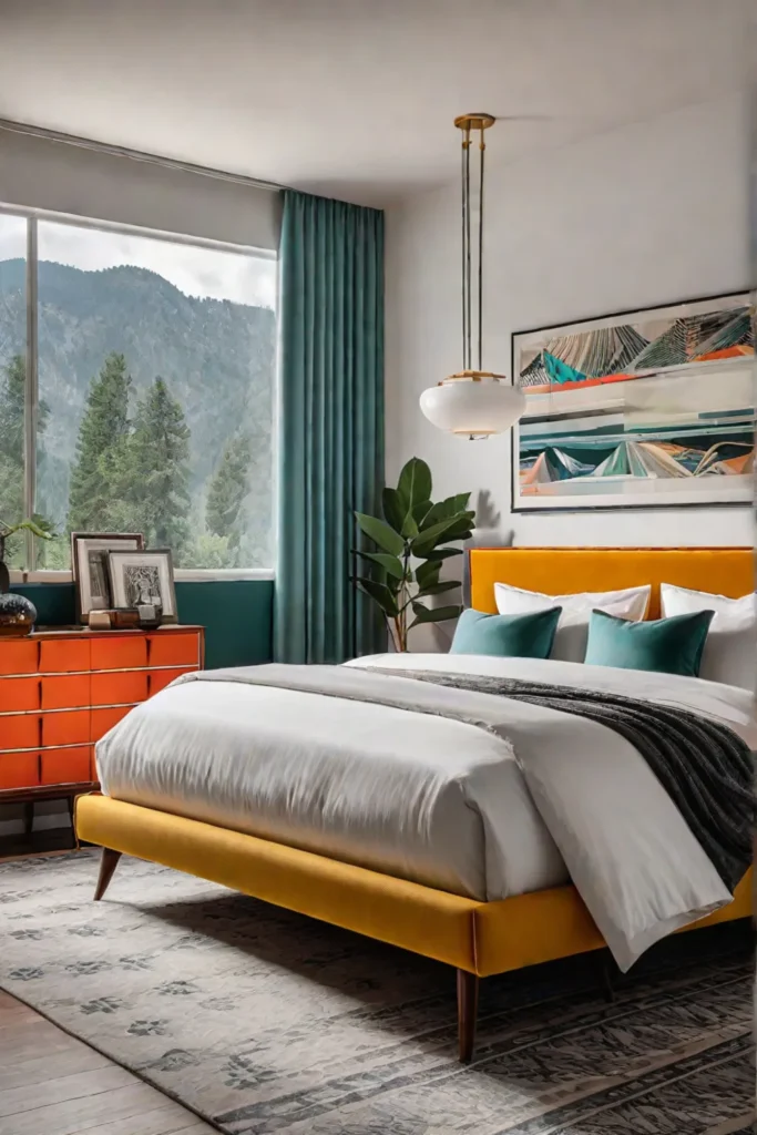 Midcentury modern bedroom with a room divider separating zones