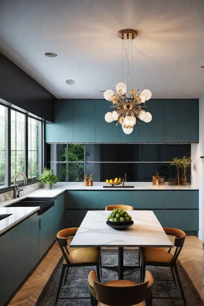 Midcentury modern kitchen with Sputnik chandeliers and track lighting